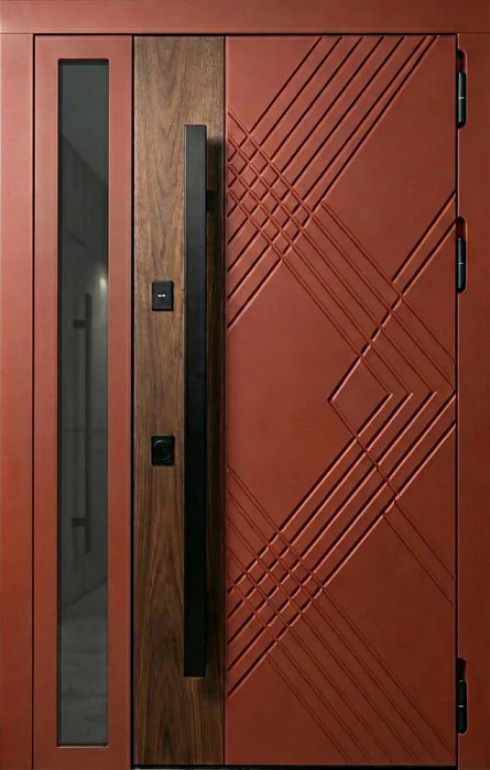 Входная металлическая дверь терракота с диагональной фрезеровкой и стеклом №123