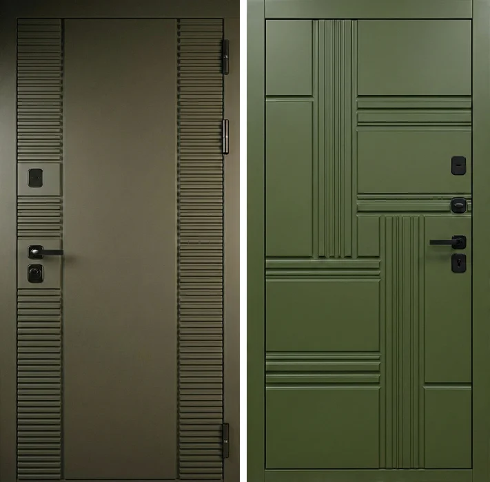 Входная дверь хаки с рельефной МДФ-панелью для дома №327