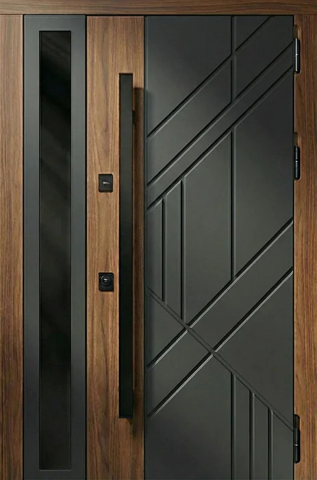 Железная дверь антрацит с геометрической фрезеровкой и узким стеклопакетом №103