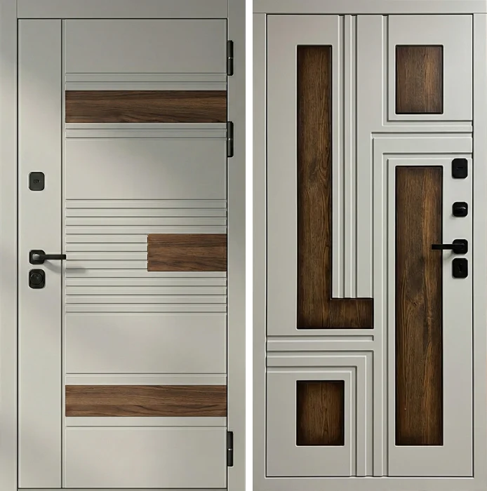 Входная белая дверь с древесными вставками модерн №296