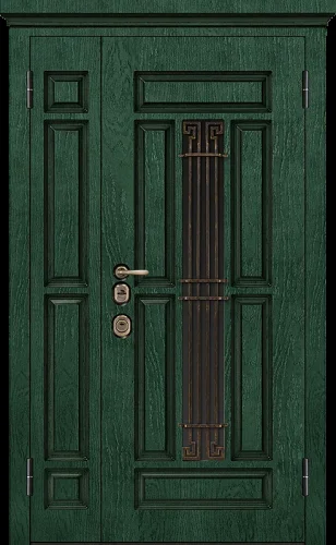 Двухстворчатая металлическая дверь зеленого цвета МДФ №39