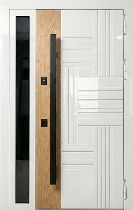Стальная белая дверь глянец с дубом и стеклом для дома №132