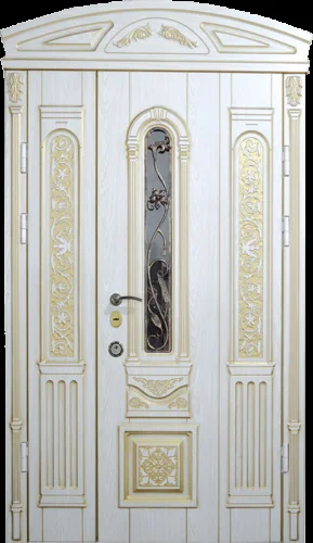 Дверь парадная белая с ковкой и стеклом №5